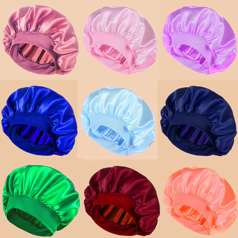Women's Solid Color Satin Wide-Brimmed Shower Cap for Daily Use
