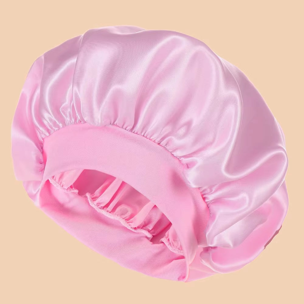Women's Solid Color Satin Wide-Brimmed Shower Cap for Daily Use