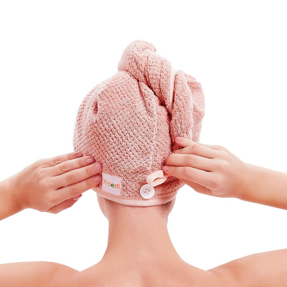 Quick Dry Microfiber Hair Towel Wrap - 2 Pack in Pink & Beige, Perfect for Long Thick Curly Hair with Secure Button Design