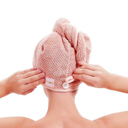 Quick Dry Microfiber Hair Towel Wrap - 2 Pack in Pink & Beige, Perfect for Long Thick Curly Hair with Secure Button Design