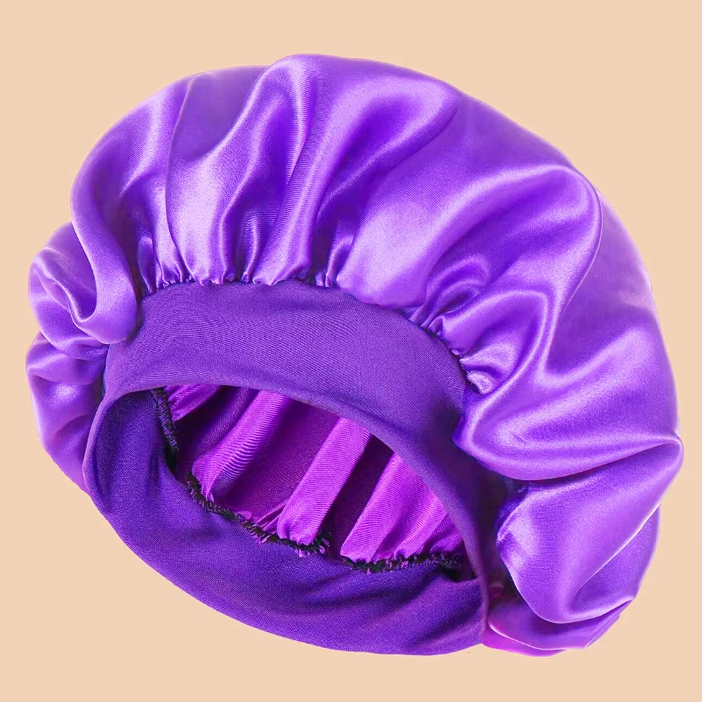 Women's Solid Color Satin Wide-Brimmed Shower Cap for Daily Use