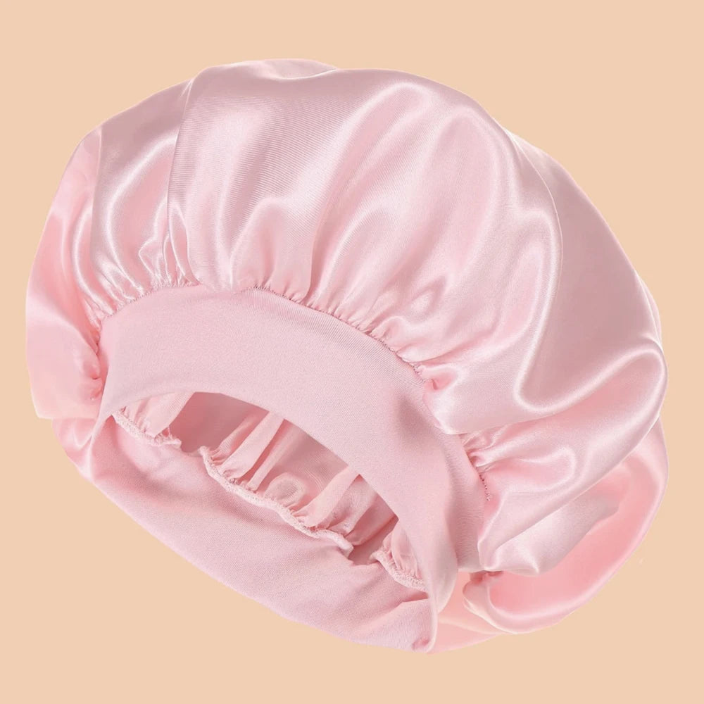 Women's Solid Color Satin Wide-Brimmed Shower Cap for Daily Use