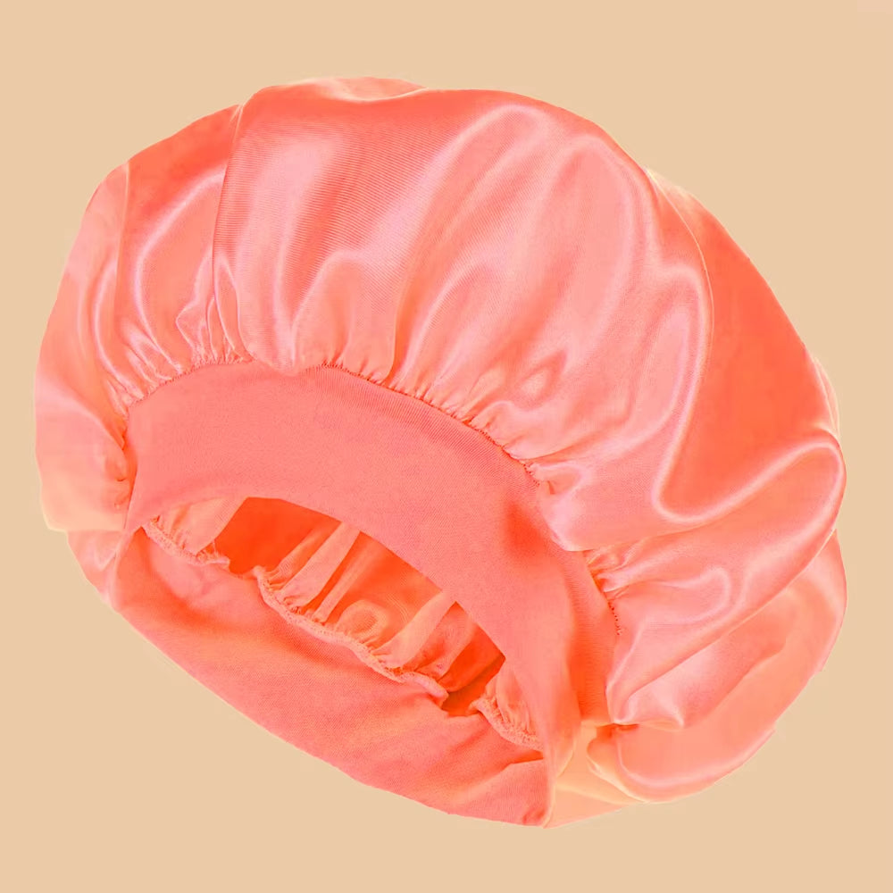 Women's Solid Color Satin Wide-Brimmed Shower Cap for Daily Use