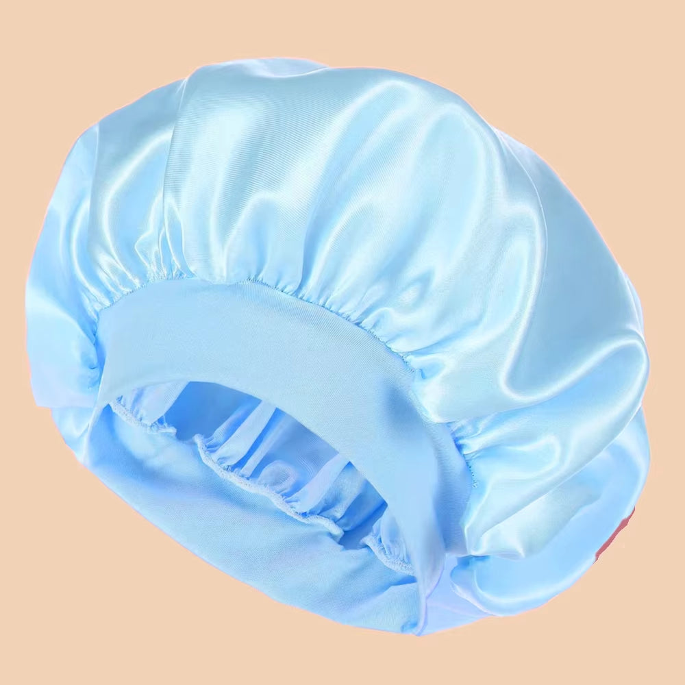 Women's Solid Color Satin Wide-Brimmed Shower Cap for Daily Use