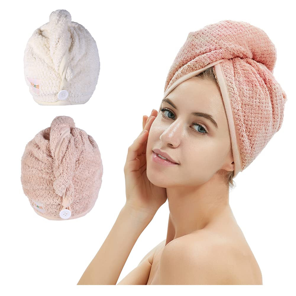Quick Dry Microfiber Hair Towel Wrap - 2 Pack in Pink & Beige, Perfect for Long Thick Curly Hair with Secure Button Design