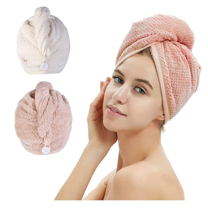 Quick Dry Microfiber Hair Towel Wrap - 2 Pack in Pink & Beige, Perfect for Long Thick Curly Hair with Secure Button Design