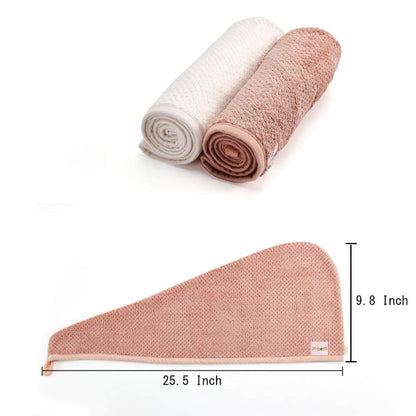 Quick Dry Microfiber Hair Towel Wrap - 2 Pack in Pink & Beige, Perfect for Long Thick Curly Hair with Secure Button Design